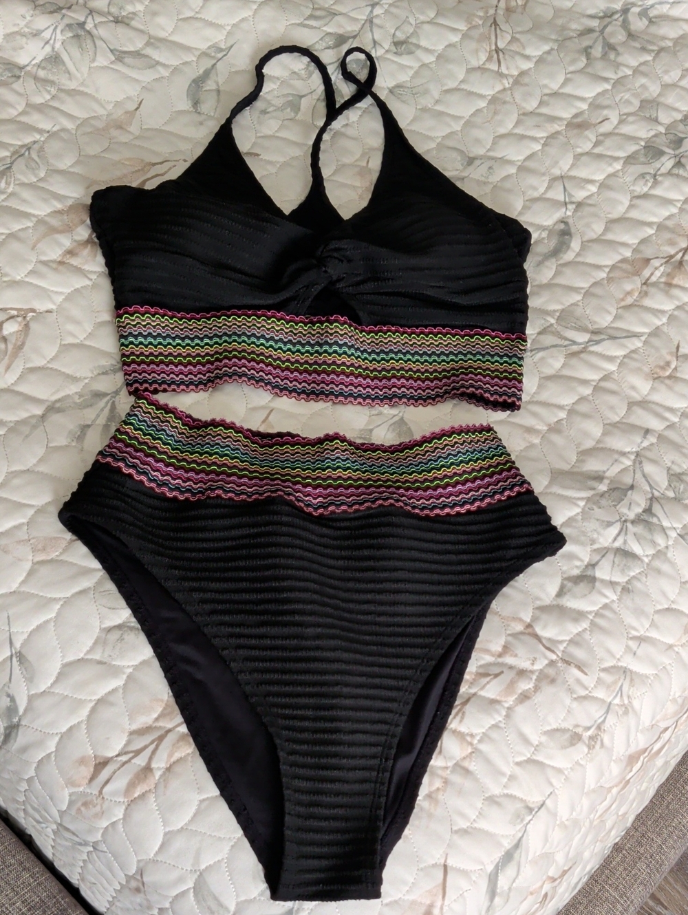 Cupshe Black High-Waist Ribbed Bikini with Multicolor Zigzag Trim